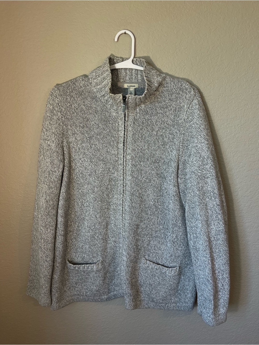 L.L.Bean Women’s Cotton Full Zip Cardigan Sweater Gray Large Coastal Grandmother